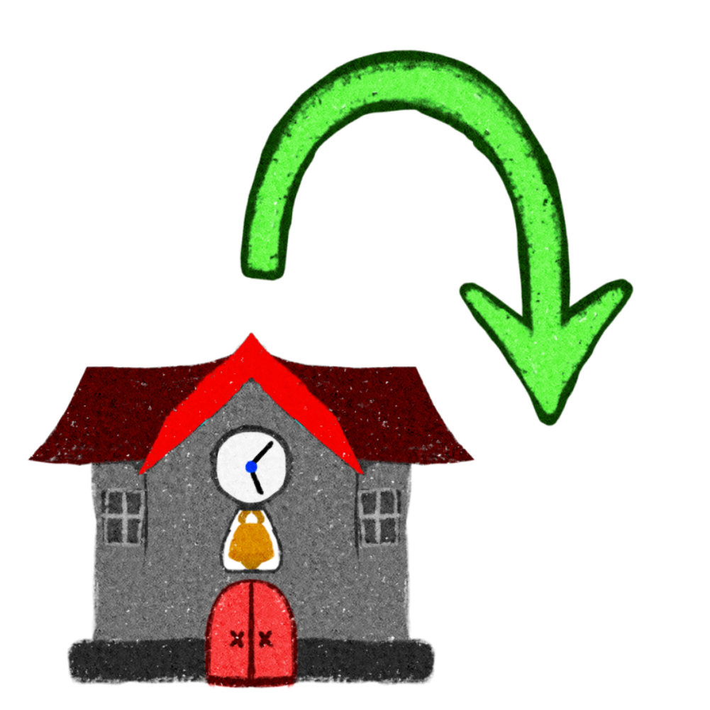 a simple drawing of a school building with a green arrow pointing downwards above it. The school building has a red roof, a clock with a bell on the front, and windows on the sides.